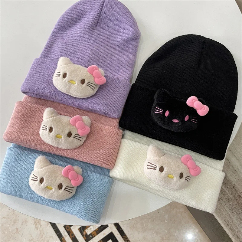 قبعة أطفال محبوكة مطرزة من Hello Kitty كارتونية أمريكية شعبية للخريف والشتاء قبعة دافئة للعطلات وهدية عيد الميلاد