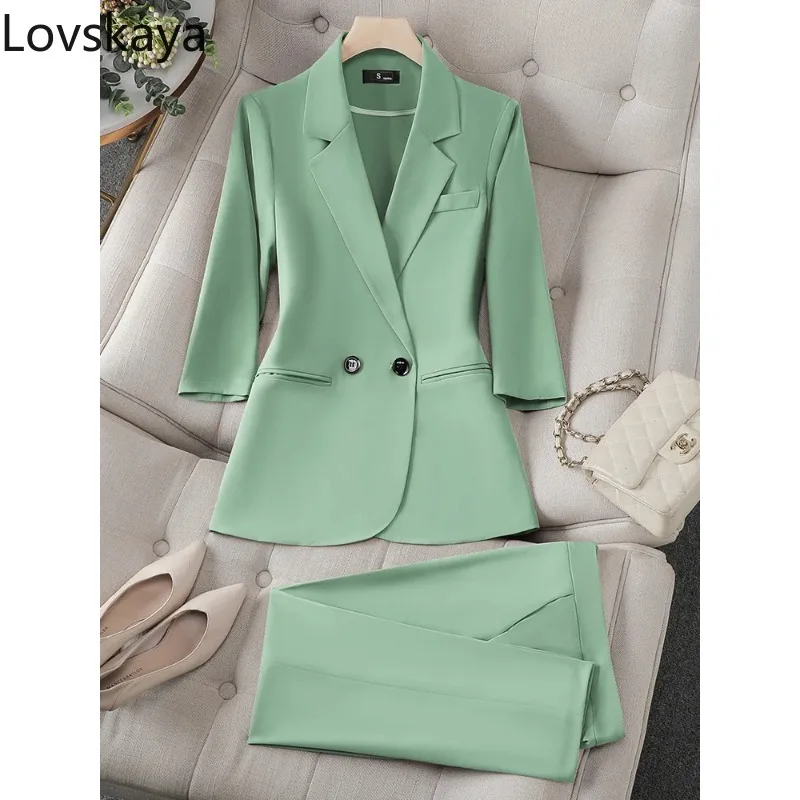 

Female Half Sleeve Jacket Trouser Business Work Wear 2 Piece Set Spring Summer Blazer And Pant Suit Women