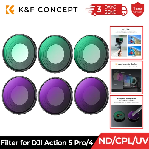 K & F Concept Kit de filtros de Dron para DJI Osmo Action 5 Pro/Action 4 UV CPL ND8 ND16 ND32 ND64 ND256 Black Mist 1/4 Juego de filtros de cámara