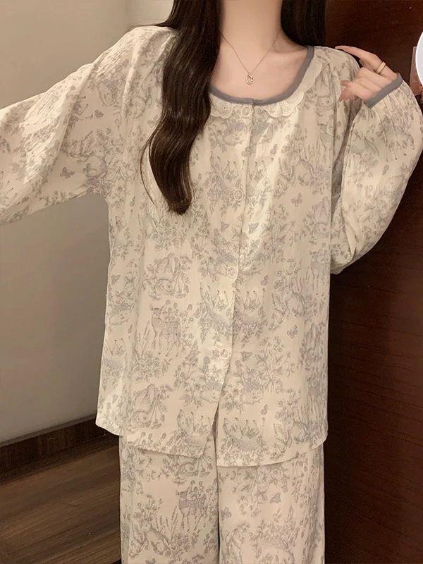 

Retro Countryside Style Long Sleeve Women's Sleepwear Set with Chest Pad Cloud Cotton plus Size Outdoor Wearable Home Clothes