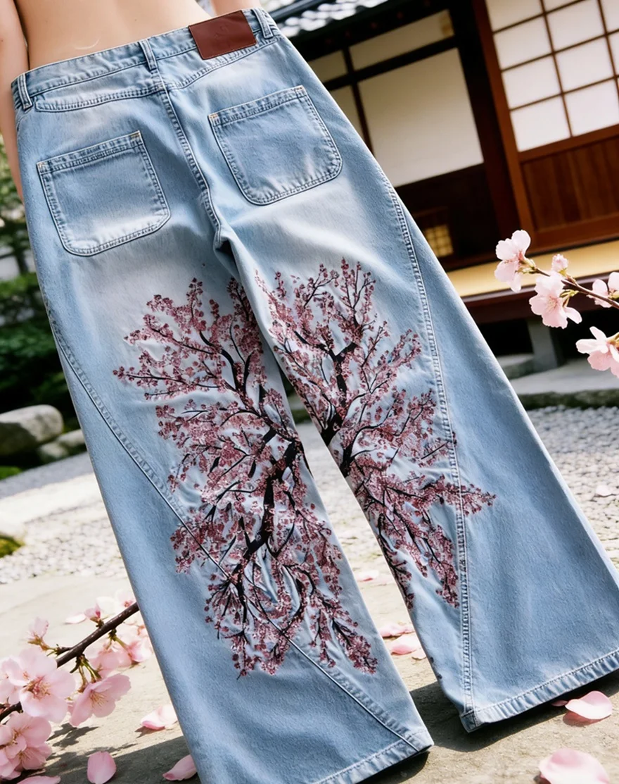 Calças Jeans Oversized Bordadas com Flor de Cerejeira, Estilo Japonês, Y2K Retro, Casual, Hip-hop, para Homens e Mulheres