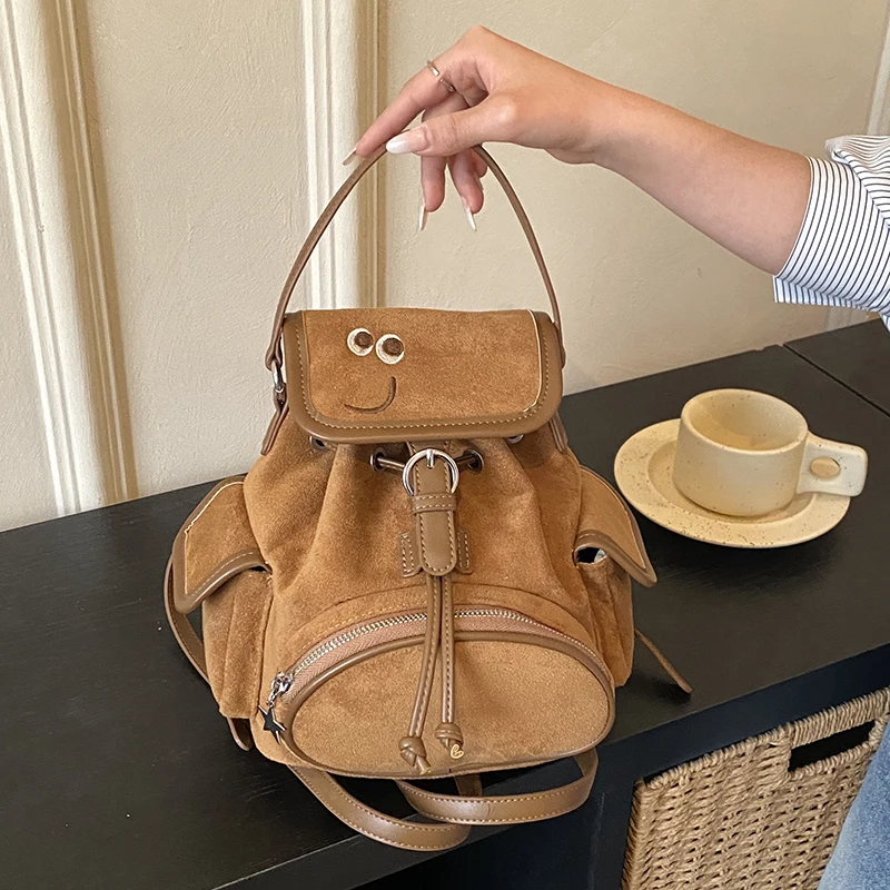 Vintage Suede Leather Backpack Casual Bag Women Versatile Travel Backbag Korean Y2k Brand School Bag Large Capacity Shoulder Bag