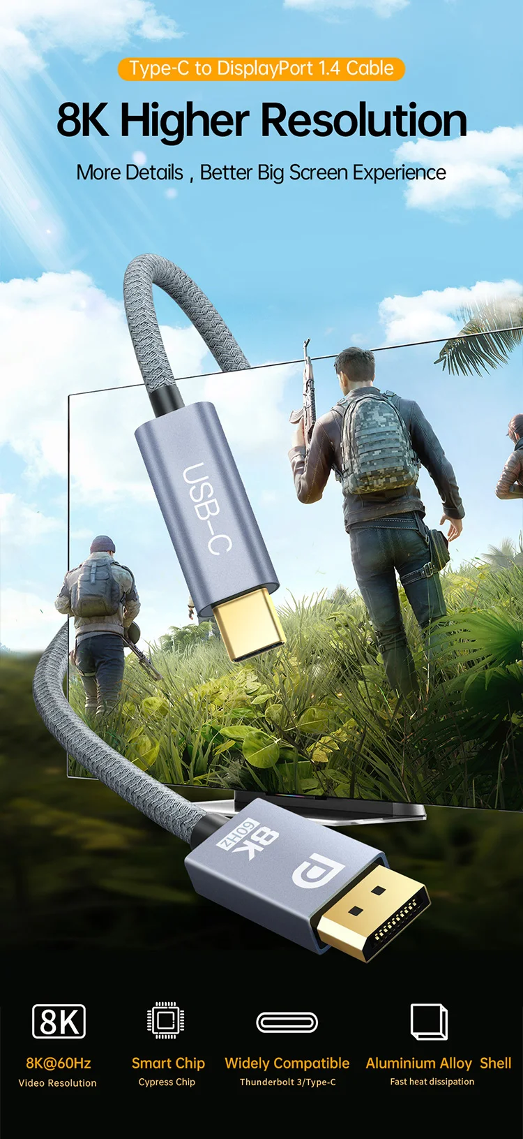 USB-C-zu-DisplayPort-Kabel 8K@60Hz, Typ-C-zu-DisplayPort-1.4-Kabel 4K@240Hz Thunderbolt 3 4 für MacBook Air Pro Samsung Telefon – Detail 1