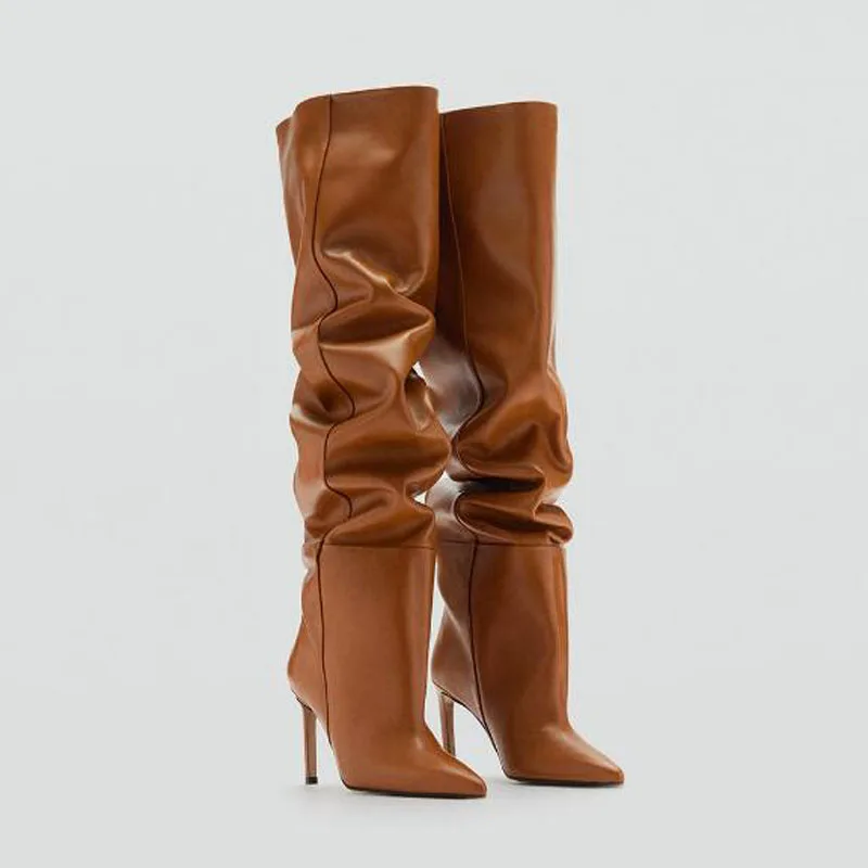 Brown Black Dark Blue Solid Matte Leather Pointed Toe Pleated Over The Knee Boots Women Street Style Run Way Thigh Long Boots