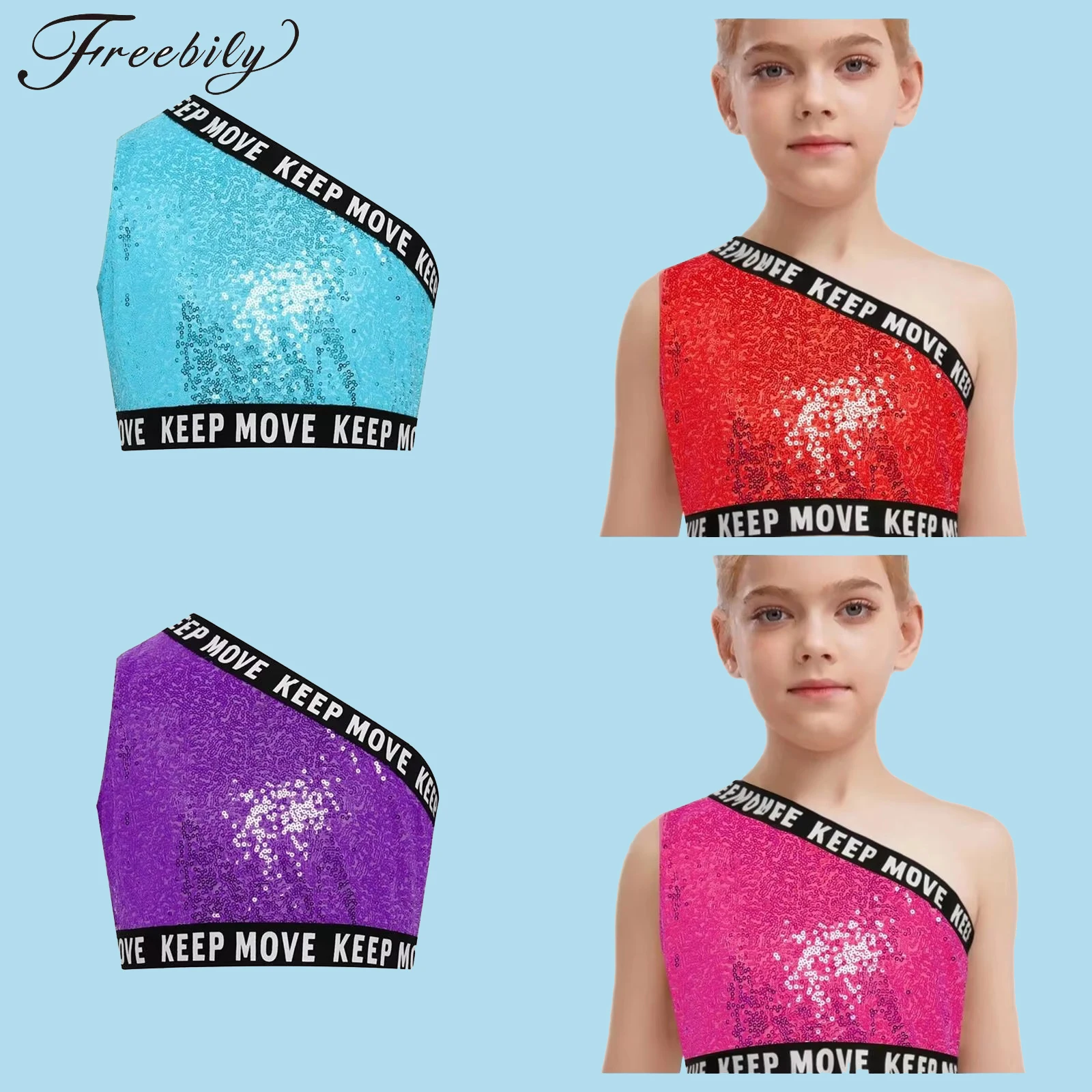 

Fahison One Shoulder Tank Top Girls Jazz Dance Costume Cheerleading Hip-hop Performance Sequined Shiny Crop Vest Streetwear