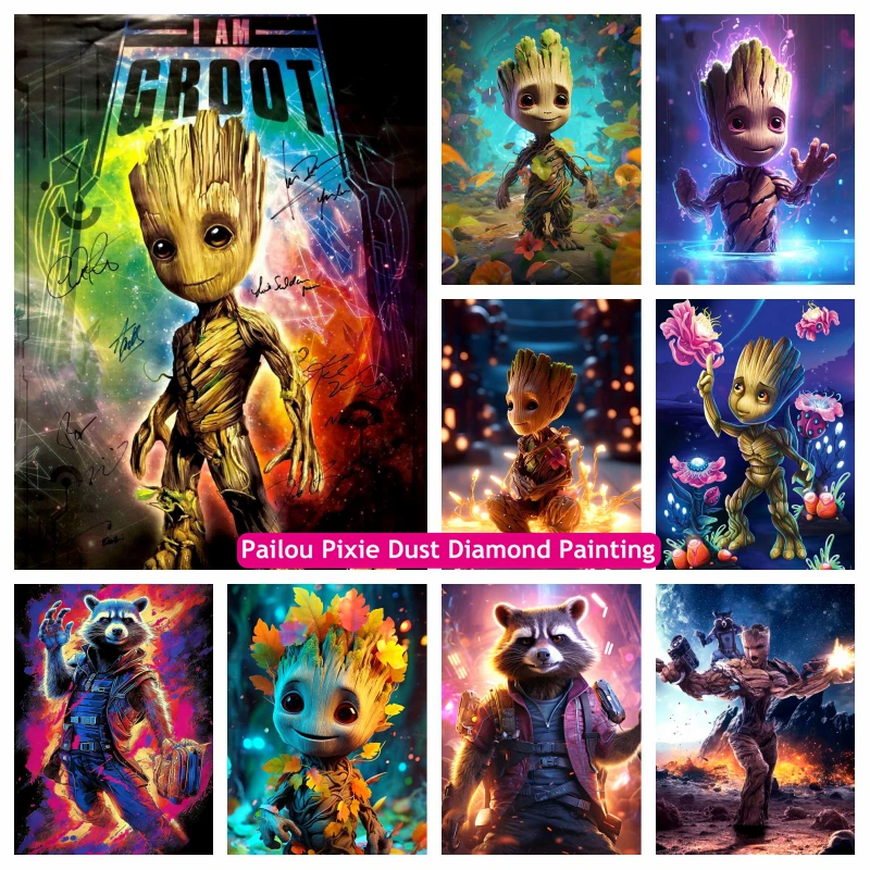 I Am Groot And Rocket Raccoon Art AB Diamond Painting Guardians of the Galaxy Marvel Movie Cross Stitch Mosaic Decor