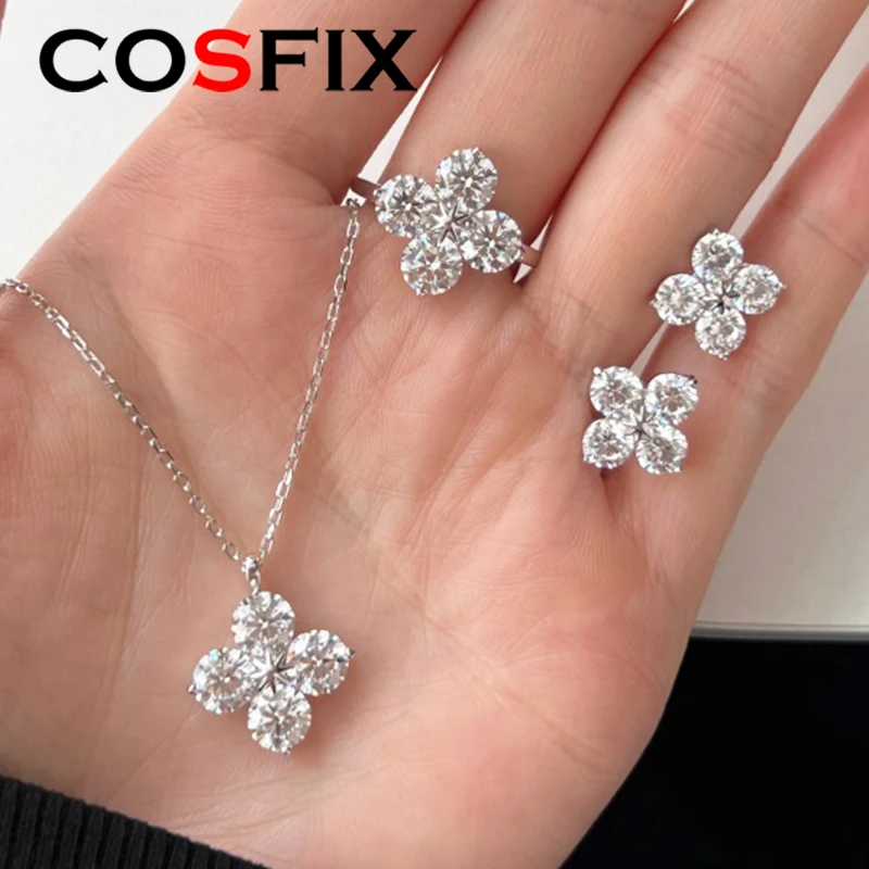 Screw Women's Moissanite Earrings 925 Silver Yellow Gold Mossanite Necklace for Women Clover Women's Moissanite Jewelry Set