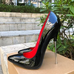 Heelgoo Shiny Black Women Slip On Pointy Toe High Heel Shoes 16cm Wild Exaggerating Stable Metal Stiletto Pumps Ultra Size 35-46