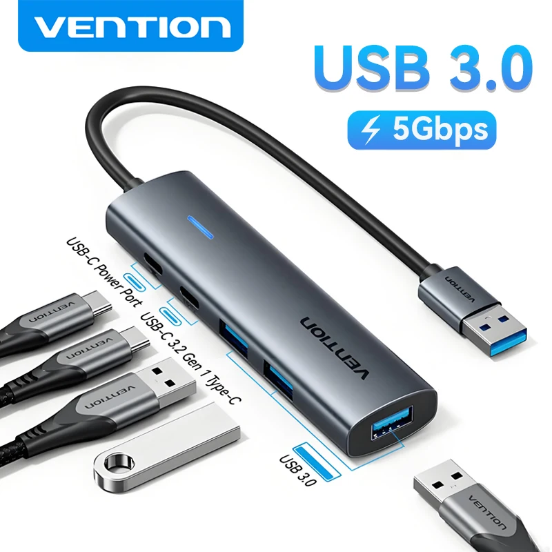 Hub USB A 3.0 Vention com Carcaça Metálica, Adaptador Multi USB C 3.2 Gen 1 5Gbps para Macbook Air, Dell, Lenovo, PC Desktop
