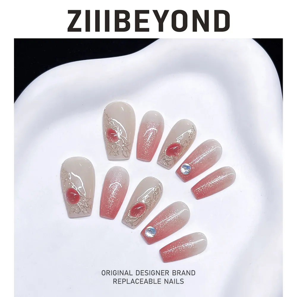 ZIIIBEYOND Ice peach handmade wearing nail temperature change white sparkling diamond elegant nail art short ladder ZB80