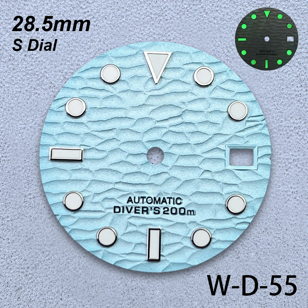28.5mm S Logo 3D Waves Dial Fit NH35/NH36/4R/7S Japanese Movement Green Luminous Diving High-Quality Watch Modified Accessories