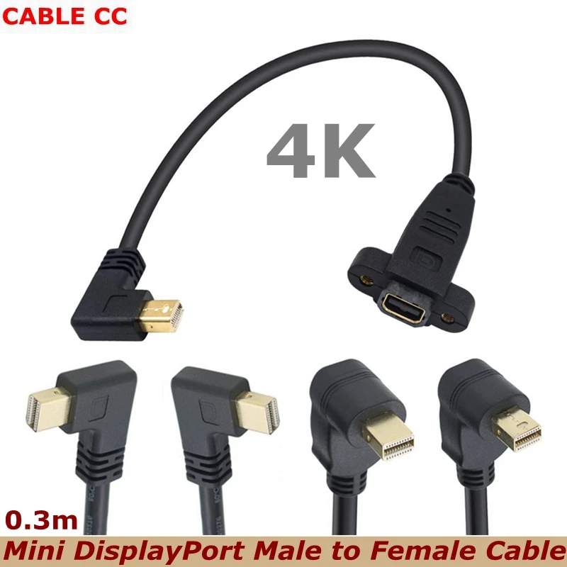 30cm 90 ° UP/Down Angle Gold Plated Elbow Mini DP Apple Computer Mini DisplayPor Male with Fixed Screw Hole Test Extension Cable