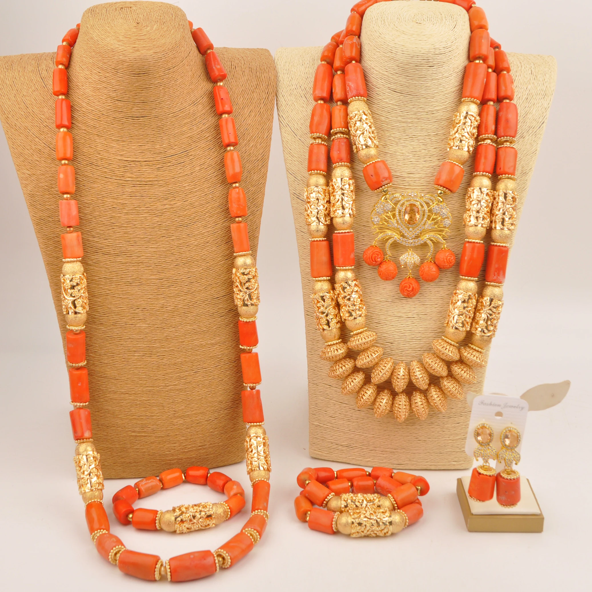 

African Couple Necklace Nigerian Wedding Nature Orange Coral Beads Jewelry set