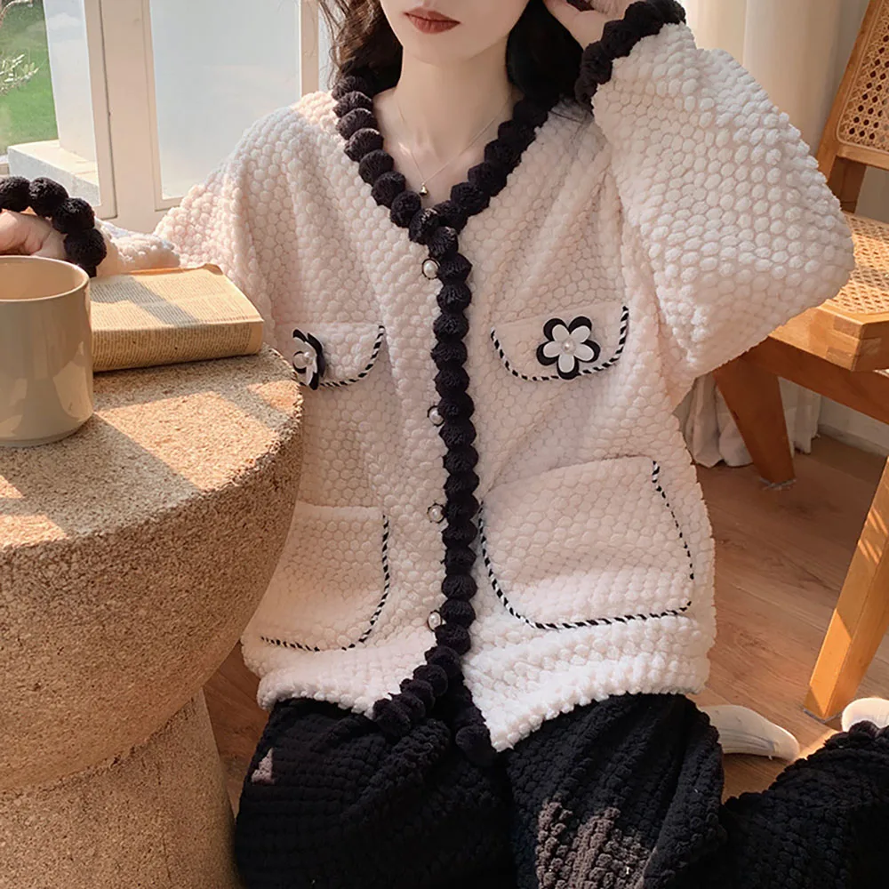 2023 Winter New Coral Velvet Women Sleepwear Contrast Color Thick Cardigan Long Sleeve Floral Pajama With Solid Warm Pants 2Pcs