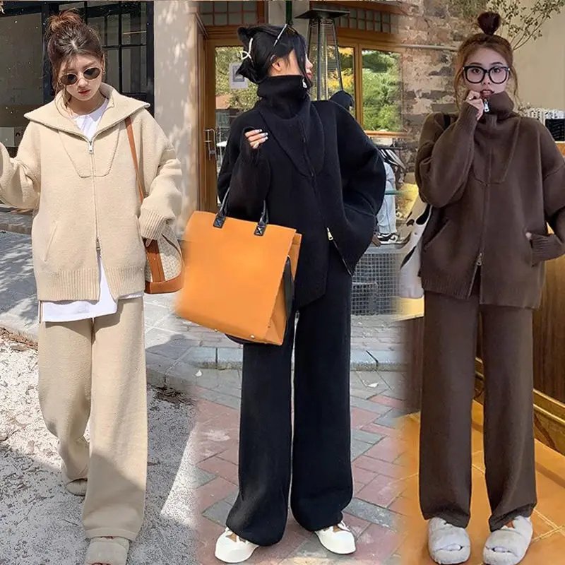 Coffee Lazy Wind Pocket Zipper Knitted Suit Women\'s 2024 Autumn and Winter New Korean Version Loose Wide-leg Pants Two-piece Set