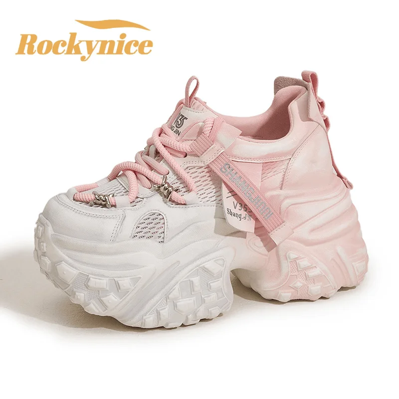 

Женские кроссовки на платформе 9 см, летние спортивные туфли для папы на шнуровке, повседневная обувь с высоким берцем, массивная повседневная обувь, женская дышащая сетчатая обувь на толстой подошве