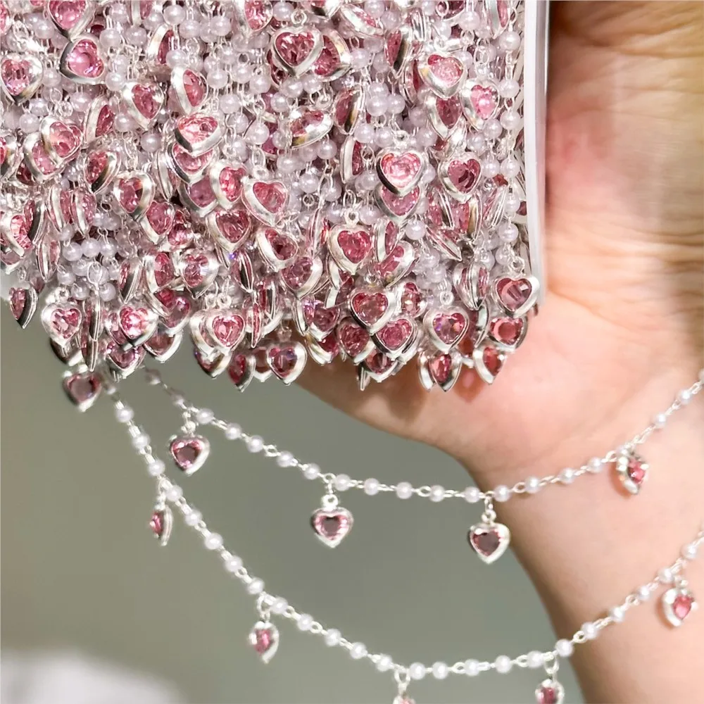 0.5Meter/1Meter Pink Crystal Heart Brass Chain for Jewelry Making 6mm Love Dangle Charms Chains Choker Necklace Chain Findings