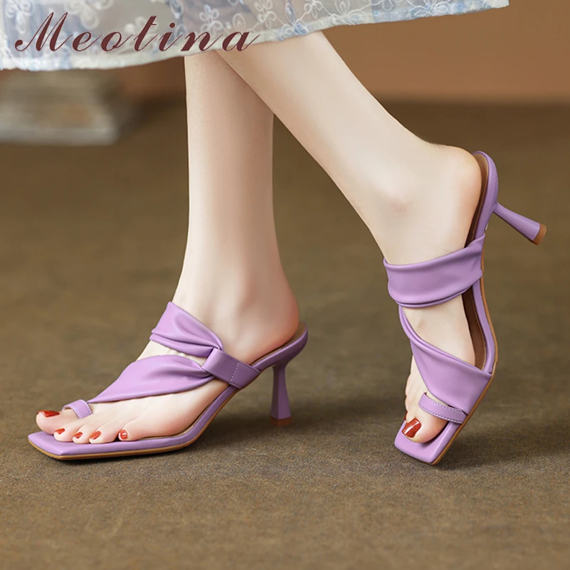 

Meotina Women Slides Square Toe Thin High Heel Sandals Thong Pleated Slippers Ladies Fashion Casual Shoes Summer Beige Purple 40