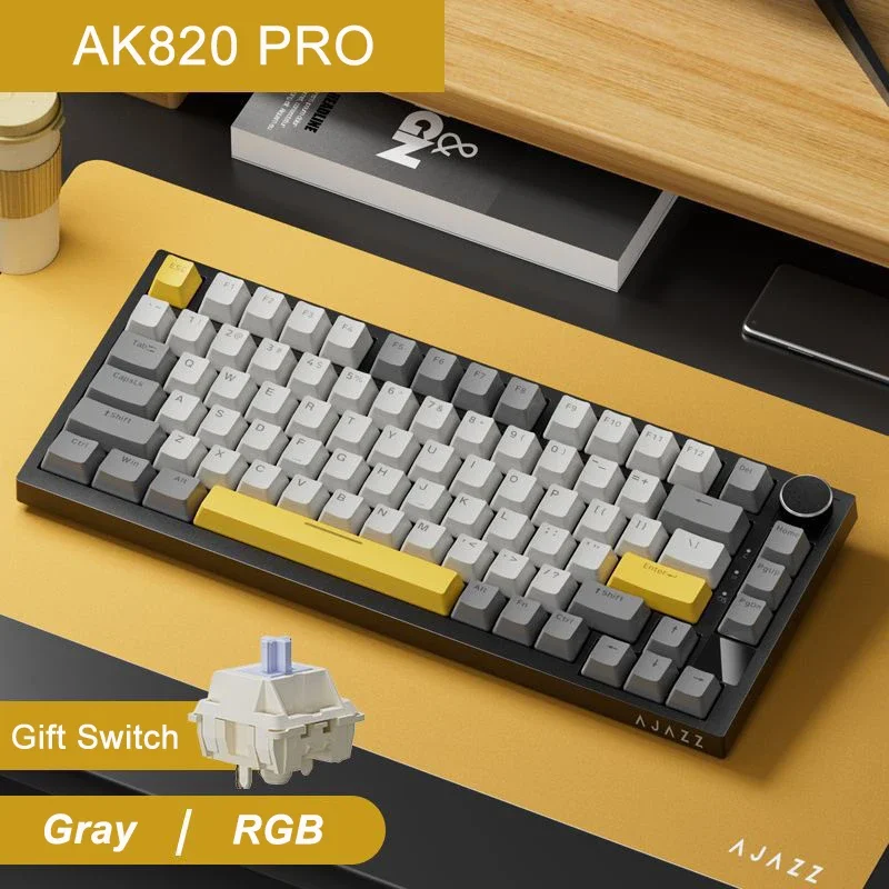 Ajazz-Teclado Mecânico Sem Fio para Jogos com Tela, USB, RGB, BT, Com Fio, 75%, 2.4G, AK820Pro