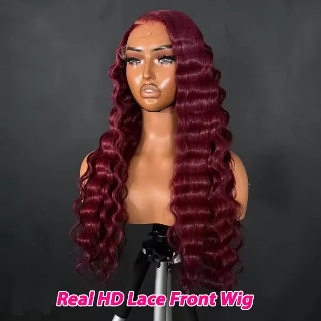 شعر الإنسان 99J بورجوندي 30 بوصة موجة عميقة الدانتيل شعر مستعار أمامي 13x4 أحمر مجعد الدانتيل الباروكات الأمامية HD المياه غريب البرازيلي