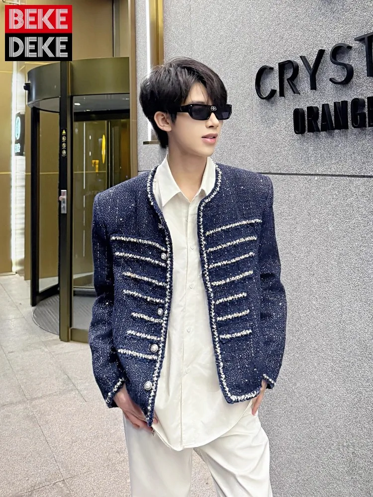 

New Fashion O-Neck Mens Short Jacket Court Style Button Jackets Loose Fit Sequin Outerwear Daily Casual Coat Chic Autumn Coats