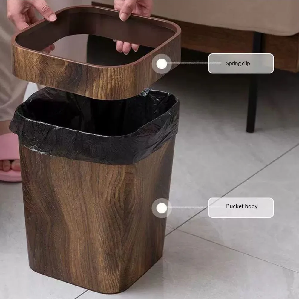 1Pc 14 Liter Square Trash Can Plastic Waste Paper Bin With Decorative Wood Grain Rim For Home Office Kitchen
