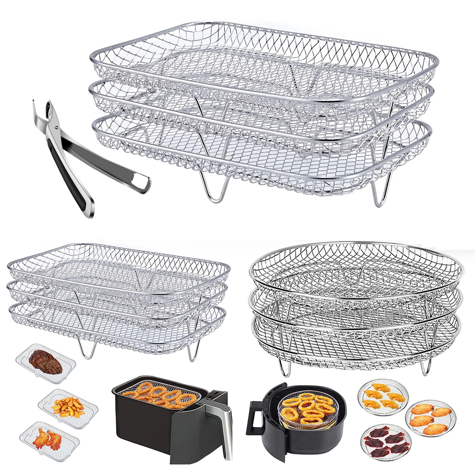 3 layers Air Fryer Racks 304 Stainless Steel Air Fryer Basket Tray and Steaming Racks Baking Pan Cooker Accessories Cooking Tool