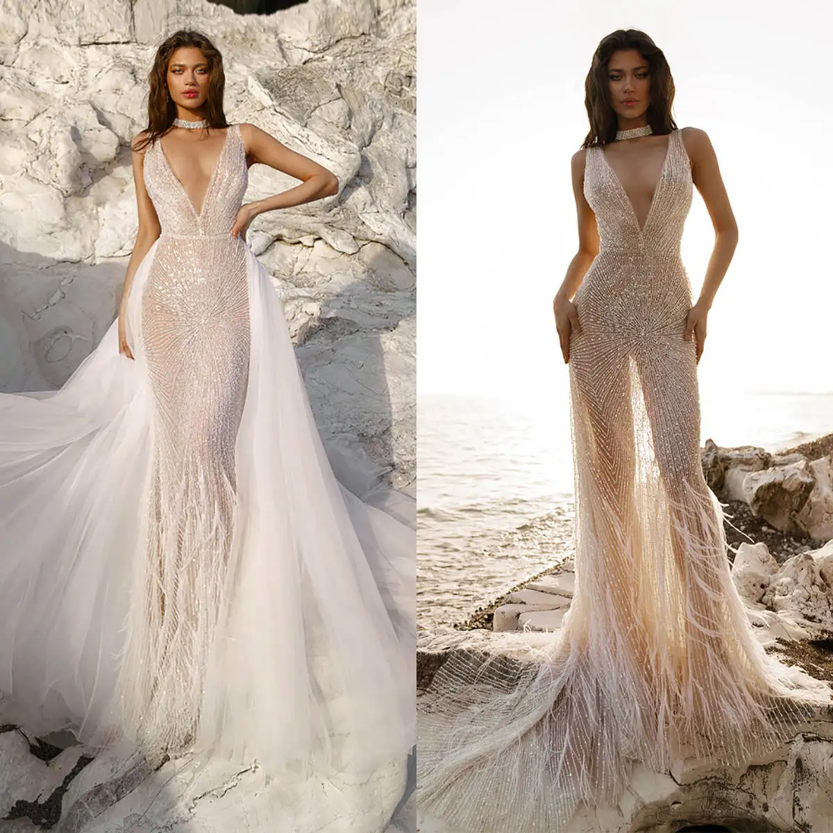 Unique Mermaid Wedding Dress Sheer Sequins Beading Feather V Neck Bride Gowns Detachable Sweep Train Tulle Bridal Dresses