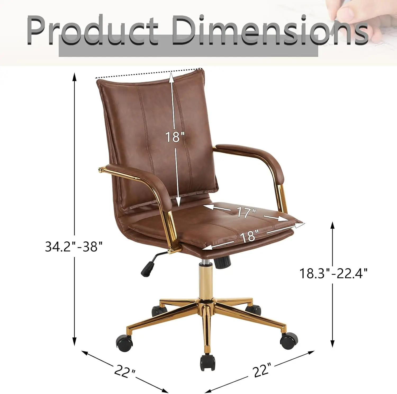 Mid-Back Ergonomic Leather Office Desk Chair, Modern Upholstered Computer Chair, Executive Office Chair with Arms, Swivel Adjust