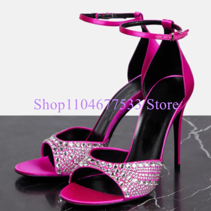 

New Rose Red Lady Crystal Sandals Fashion Thin Heel Peep Toe Gladiator Sandals Woman Sexy High Heels Party Dress Shoes Pumps