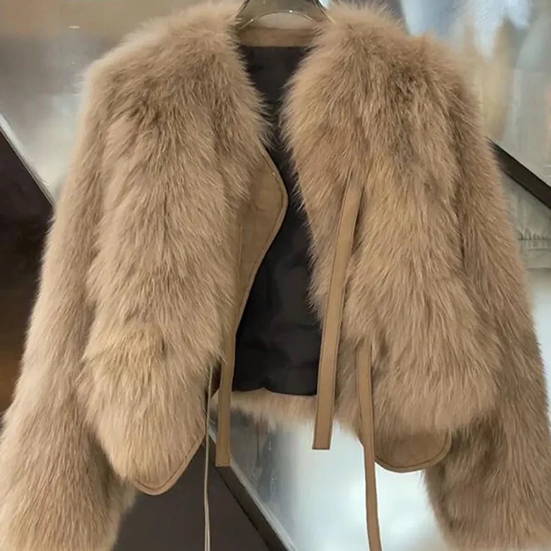 Mode Vrouwen Korte Winterjas Nieuwe Warme Nepbontjas Koreaanse Alle Match Lace Up Losse Pluche Bovenkleding Vrouwelijke Imiteren Vos Bont