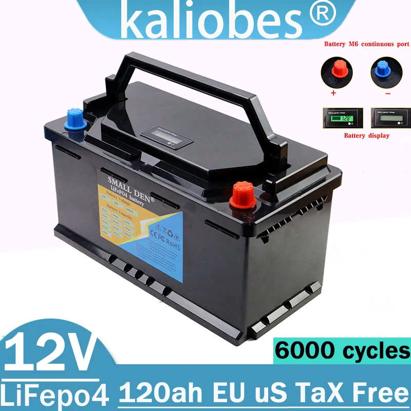 New 12V 120Ah Lifepo4 rechargeable battery for car starter,suitable for 12.8V RV solar UPS portable power supply+10A/20A charger