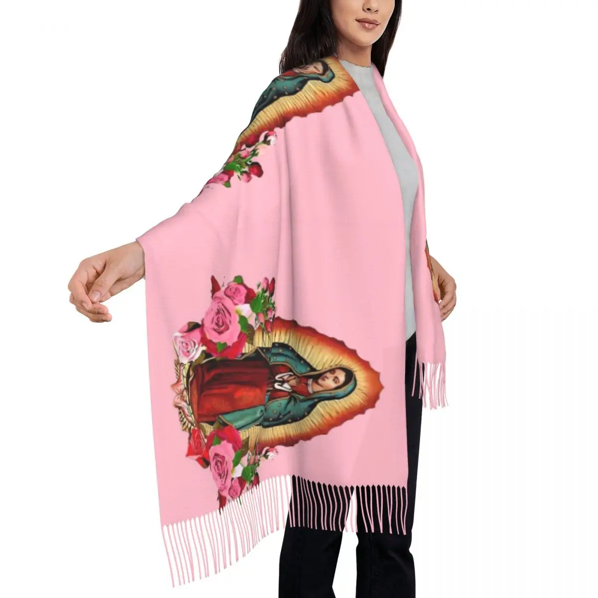 Custom Our Lady Of Guadalupe Mexican Virgin Mary Mexico Tassel Scarf Women Soft Shawls Wraps Ladies Winter Scarves