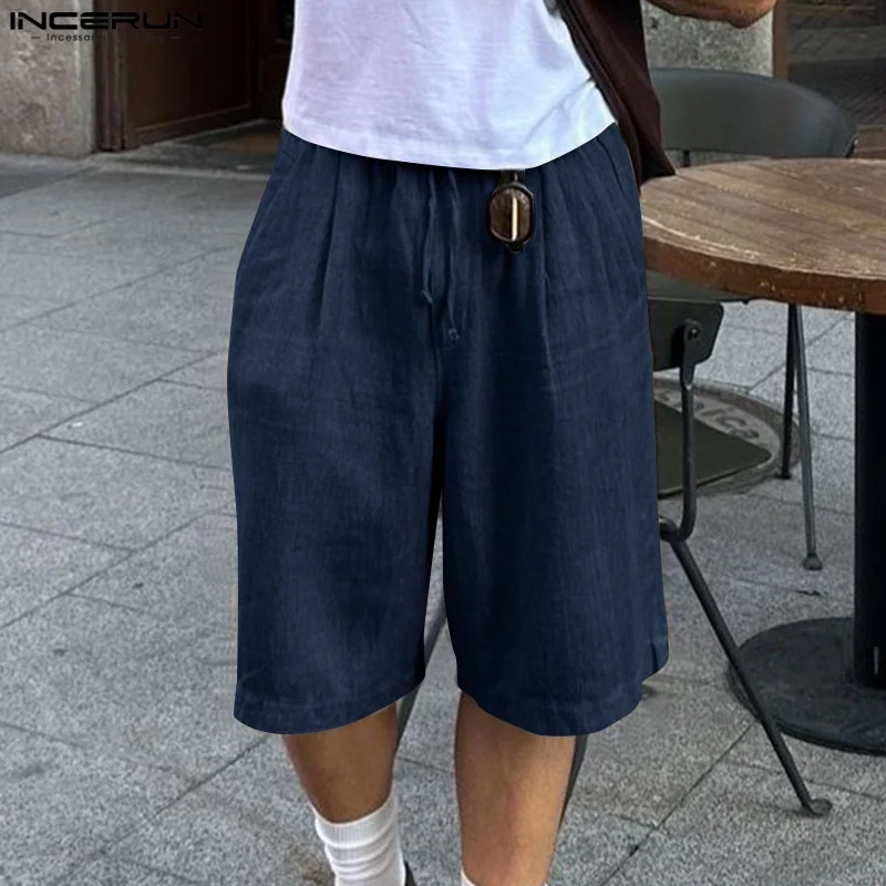 

INCERUN Summer Shorts Men Solid Color Cotton Drawstring Oversize Men Bottoms Streetwear 2025 Vacation Casual Male Shorts S-5XL