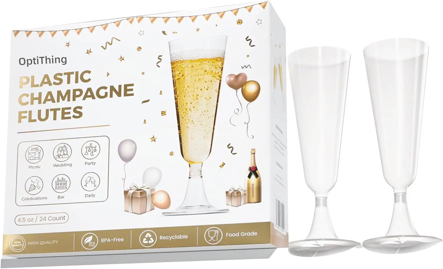

24-Pack Disposable Plastic Champagne Flutes – 4.5 Oz Clear Mimosa Glasses for Weddings, New Year, Birthdays, Engagements, Cockta