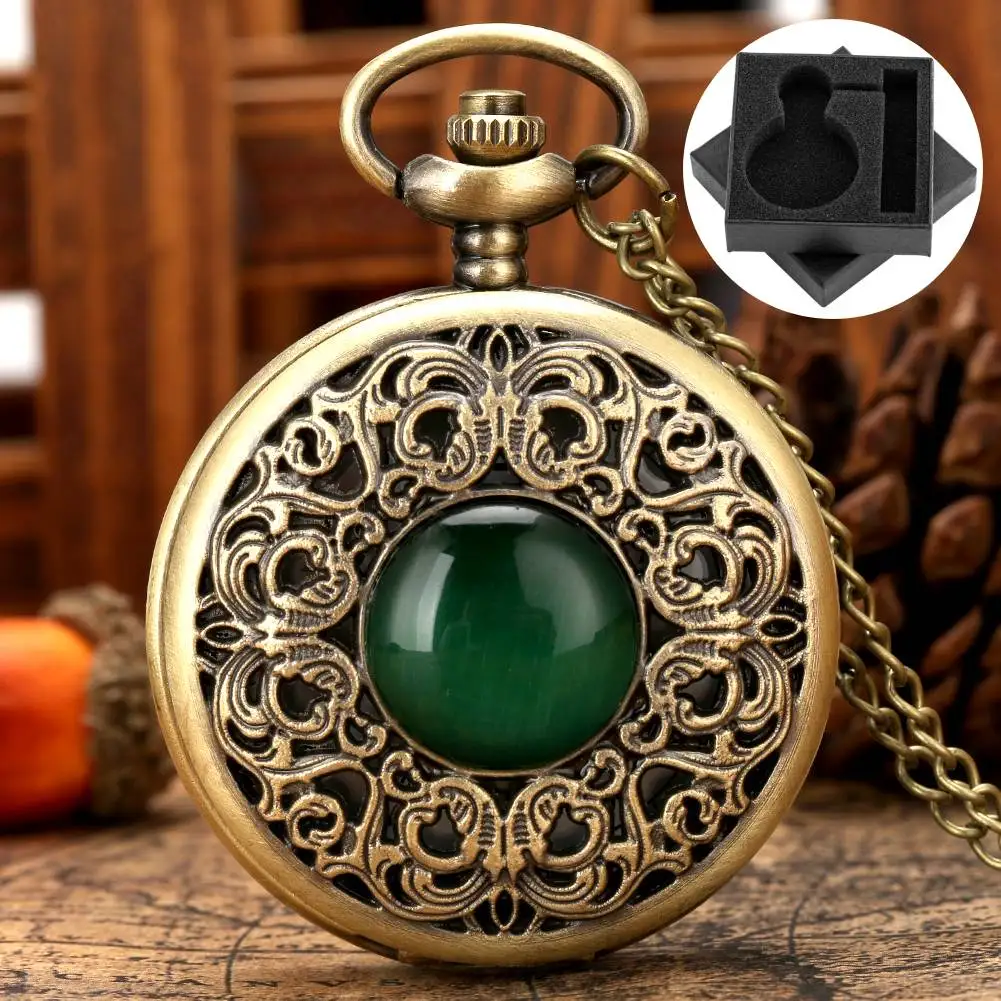 

Винтажные модные кварцевые карманные часы с декором из зеленого камня, арабские цифры, циферблат, бронзовое ожерелье, кулон, карманные часы, подарок для мужчин и женщин