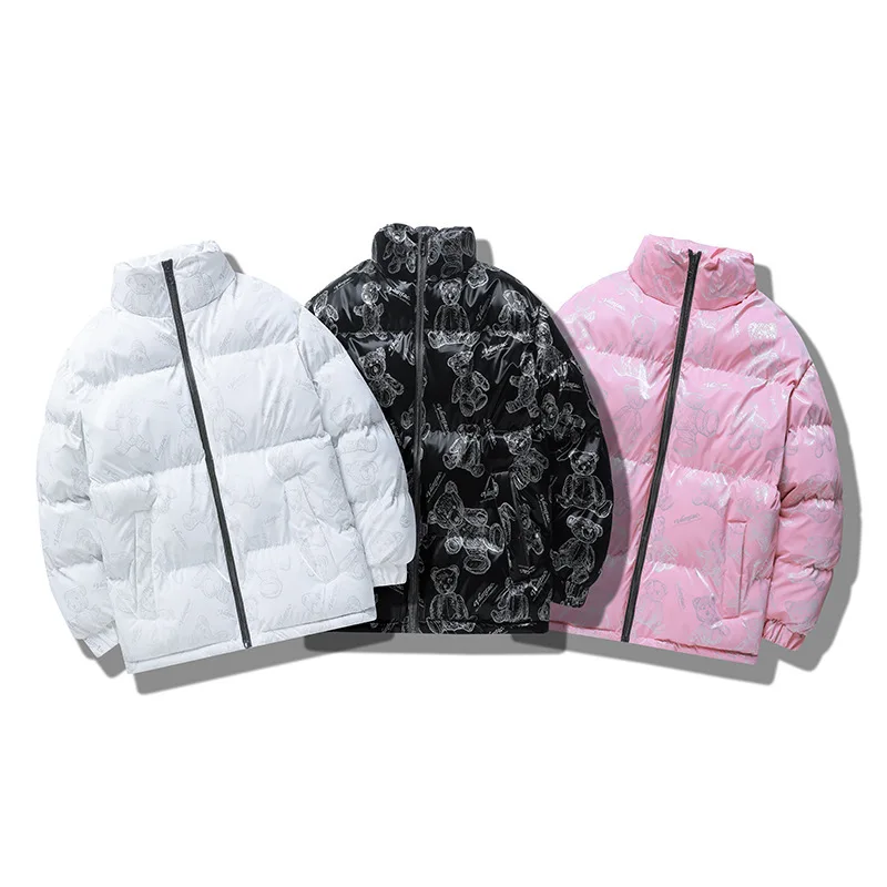 Abrigo con estampado de grafiti de oso pequeño coreano para hombre y mujer, Parkas de invierno, abrigo informal de marca de moda, Top cálido para pareja, estilo Unisex