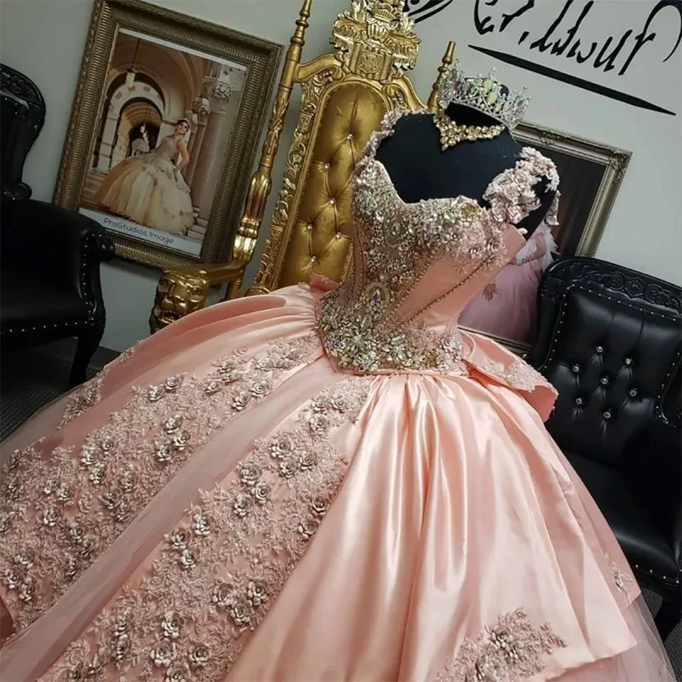 Customized Pink Glitter Beading Satin Bow Ball Gown Quinceanera Dress 2024 Princess Lace Appliques Sweet 16 Vestidos De 15 Años