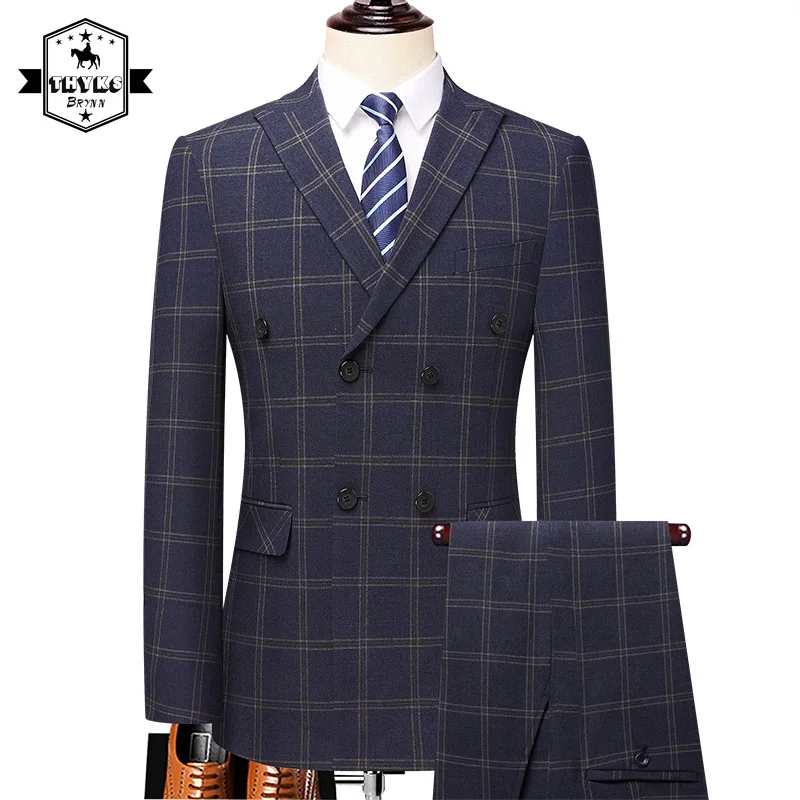 

High Quality Casual Retro Plaid Suit 2piece Mens M-5XL( Jacket+ Pants) Casual Slim Business Wear-resistant Breathable Suit Male