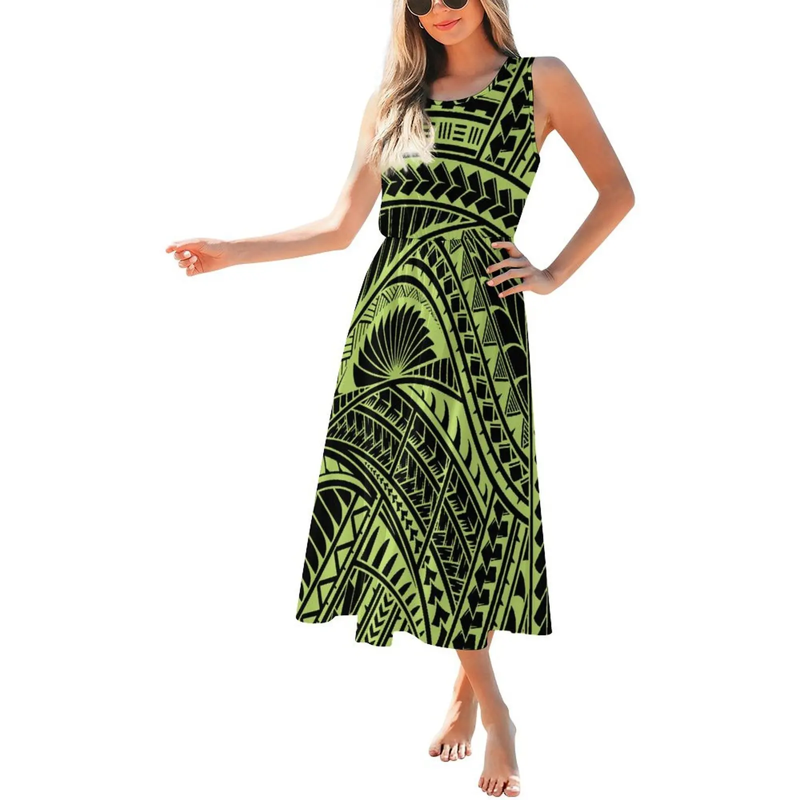 سعر المصنع فستان مخصص للسيدات Pacific Isalnd Art Design أزياء جولة الرقبة بلا أكمام فستان تصميم جزيرة عيد الفصح #1