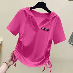 Hooded Short Sleeved T-shirt for Women's Spring Summer Korean Version Fashionable Irregular Drawstring Casual Versatile Top