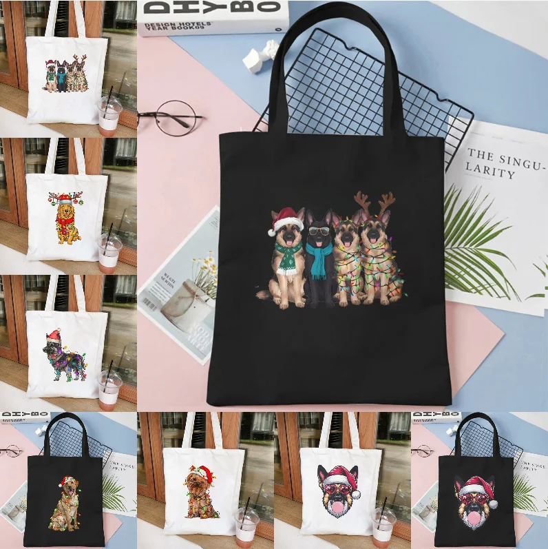 

Christmas Dog Canvas Bag Christmas Tree Dog Women's Large Capacity Handbag Party Companion Gift Packaging New Year's Gift