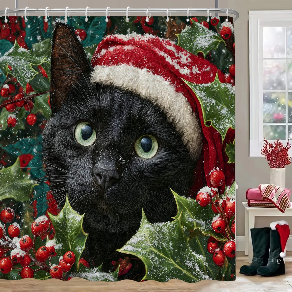 

Merry Christmas Shower Curtain, Bathroom Decor Cat and dog Shower Curtain, Merry Christmas Shower Curtain with Hooks