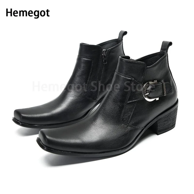 

Black Wide-Toed High-Top Boots Men's Shoes Heightened All-Match Casual Buckle Belt Design Side Zipper Chelsea Boots Casual Shoes