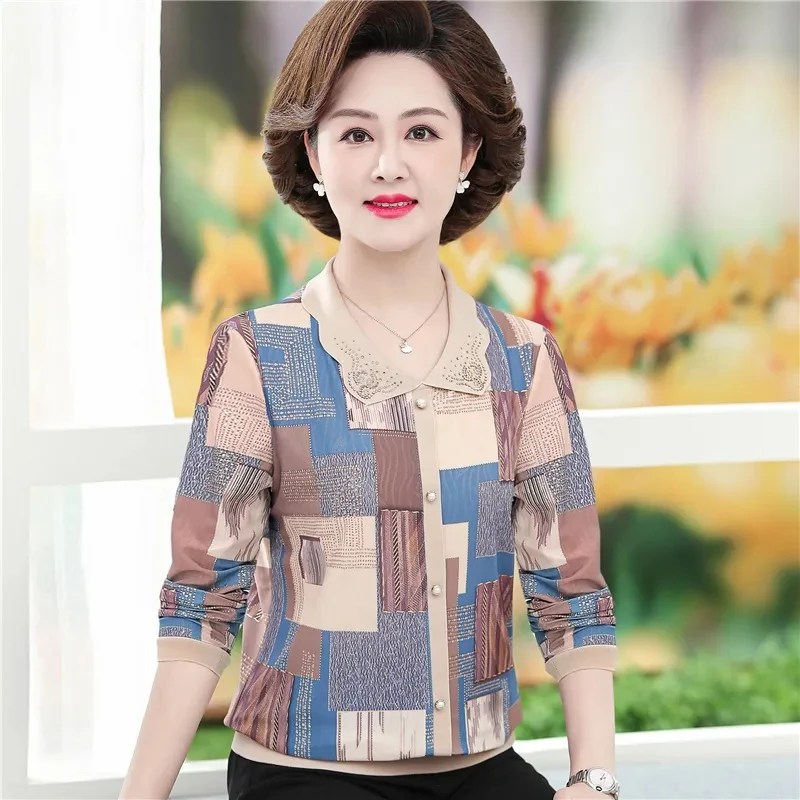 

Middle Aged Elderly Mothers Leisure Long Sleeved T-shirt Pant Set Summer Grandma Costume Thin Fashion Long Sleeved Base T-Shirt