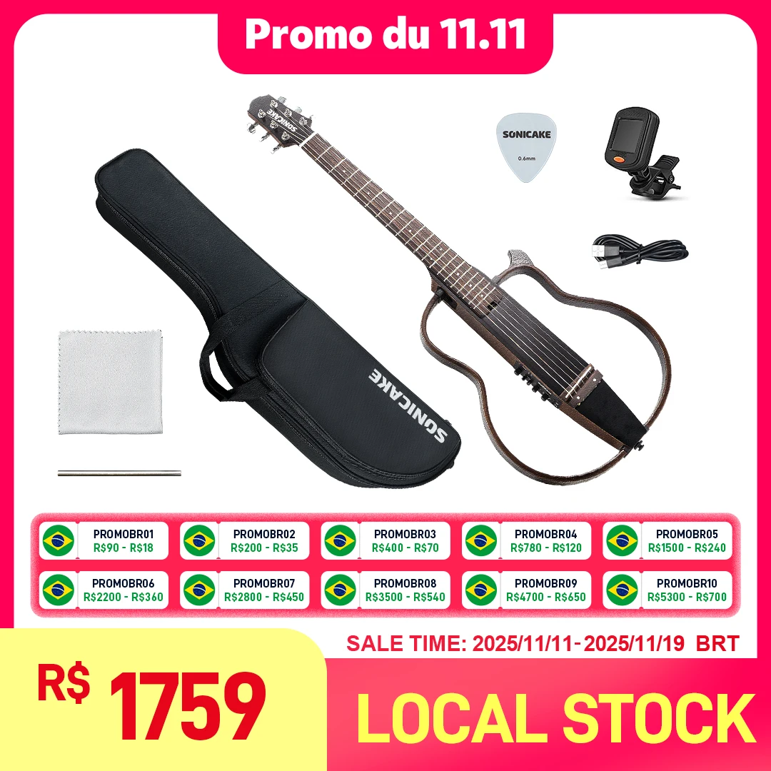 SONICAKE البرازيل الصامت الصوتية الكهربائية السفر الغيتار الصلبة الماهوجني الجسم الجمعية إطارات قابلة للشحن حقيبة جيتار جميع الملحقات #1