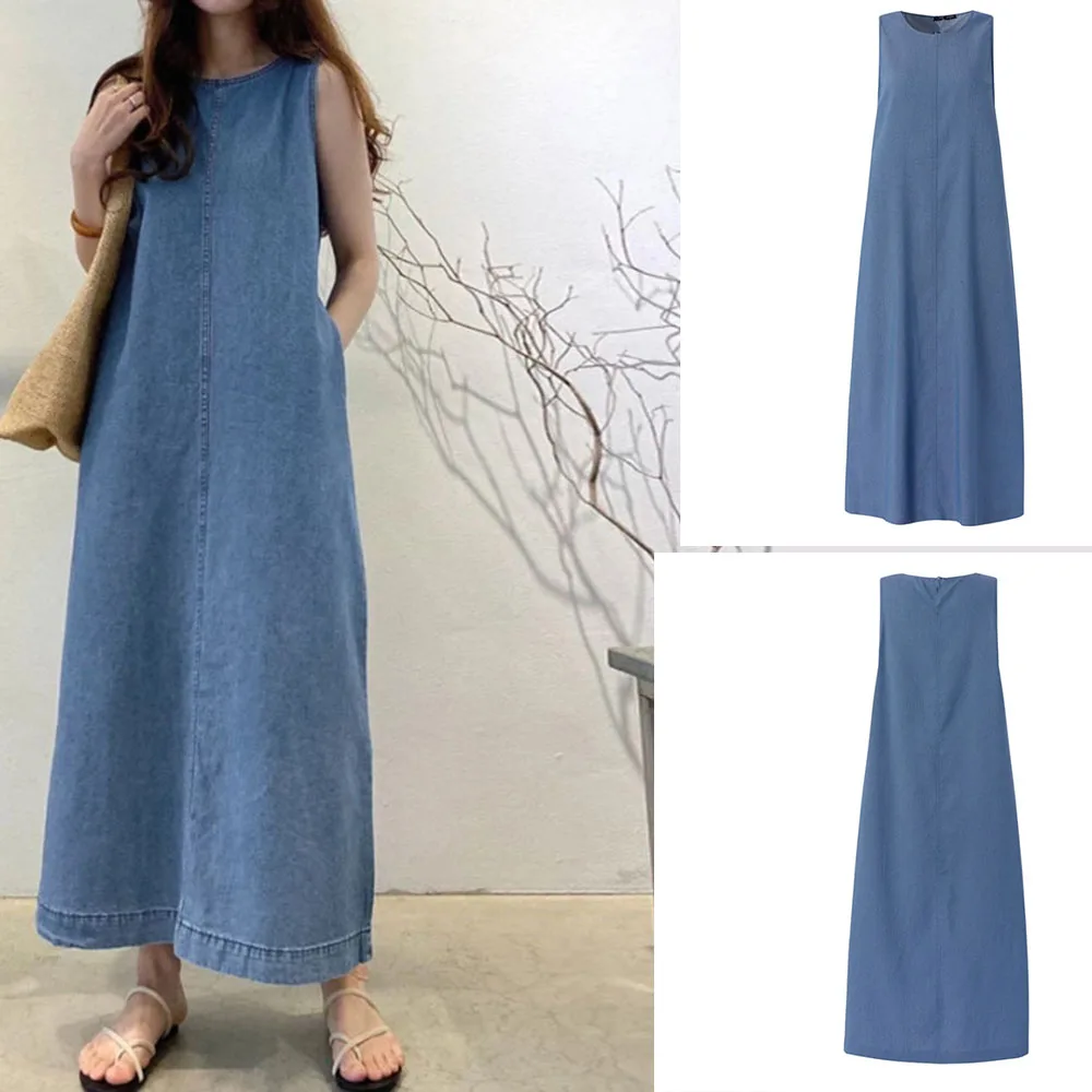 

Summer Casual Denim Blue Long Dresses For Women 2025 Classic Model O-neck Sleeveless Loose Vest Dress Solid Color With Pockets