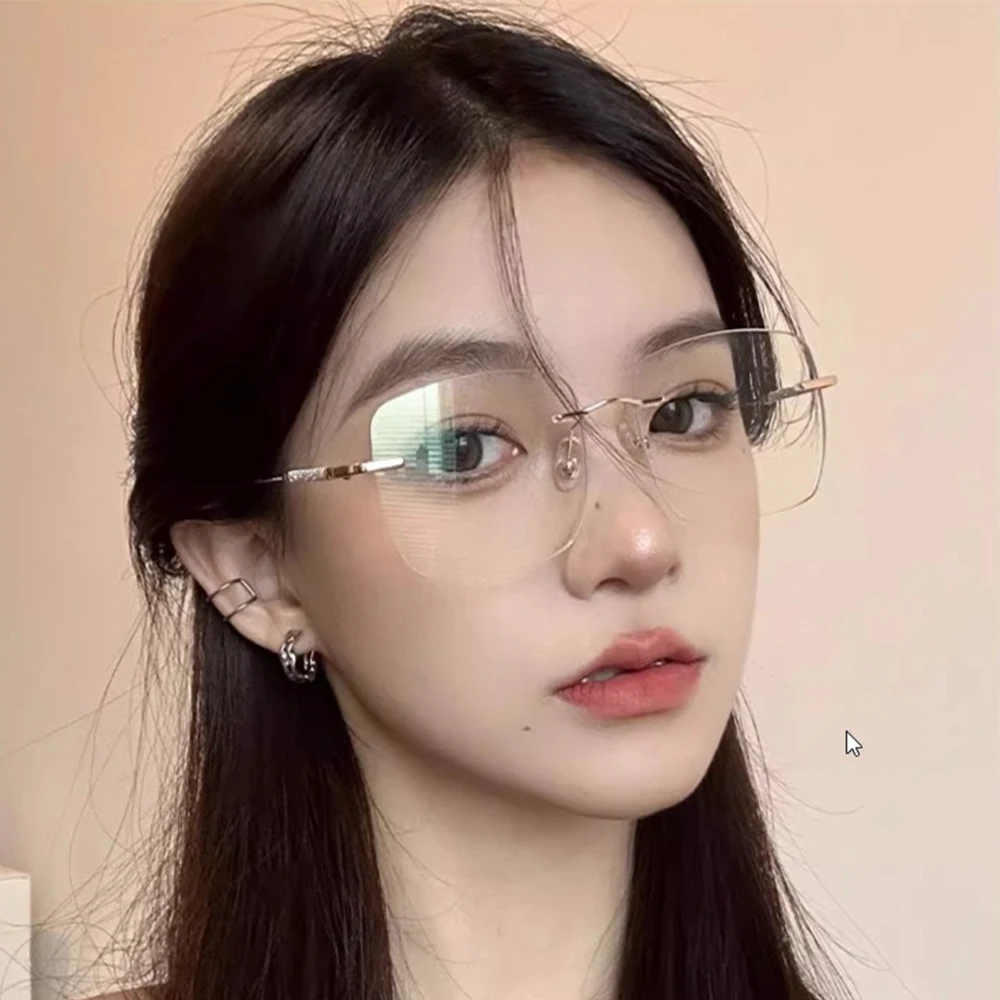 KLASSNUM Women Anti Blue Light Glasses Photochromic Rimless Glitter Temple Transparent Colored Changing Sunlasses Decorative