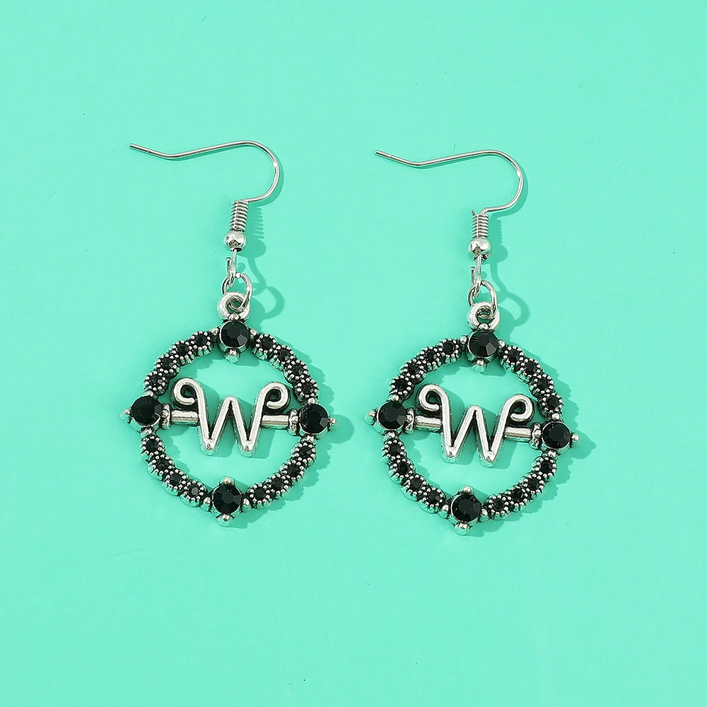 Wednesday Addams Earrings Punk Style Black Letter W Rhinestones Pendant Ear Drop Earrings Fashion Party Jewelry Accessories Gift