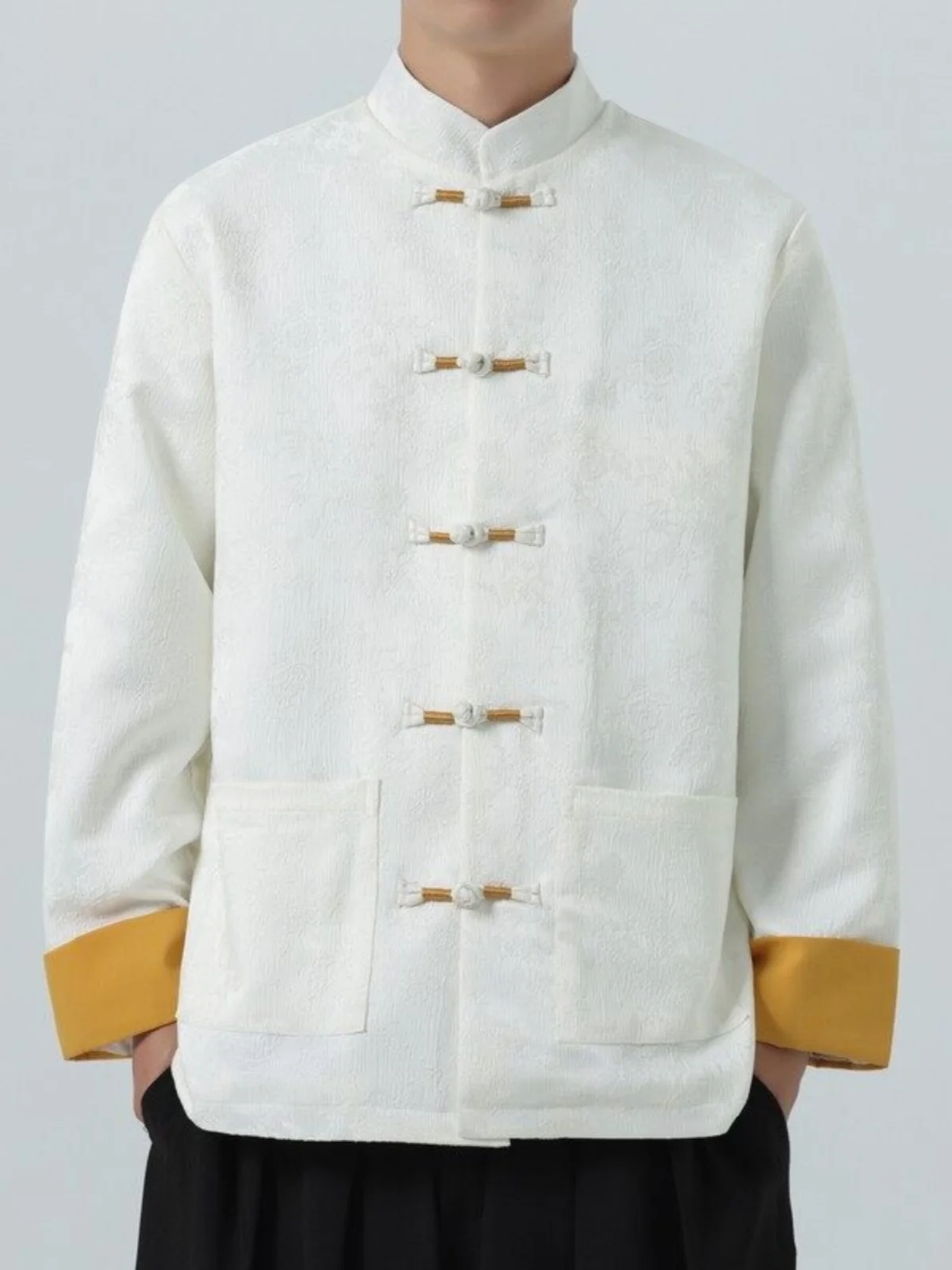 Casual Manin Collar Jaet Men's Youth Spring Autumn Sle National Trend Button Detail Silk Polyester Busin Gentleman